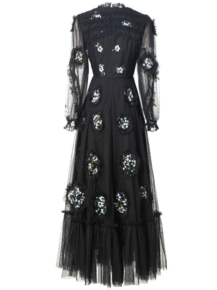 embellished tulle gown with sheer sleeves and crystal appliqués – MIDNIGHT