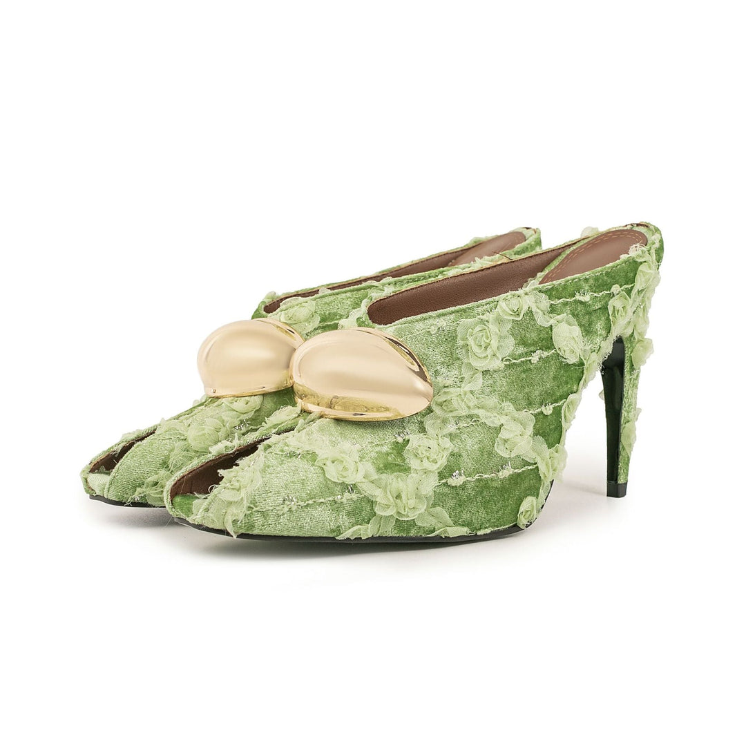 floral lace pointed mule heels with gold accent – VERDIA