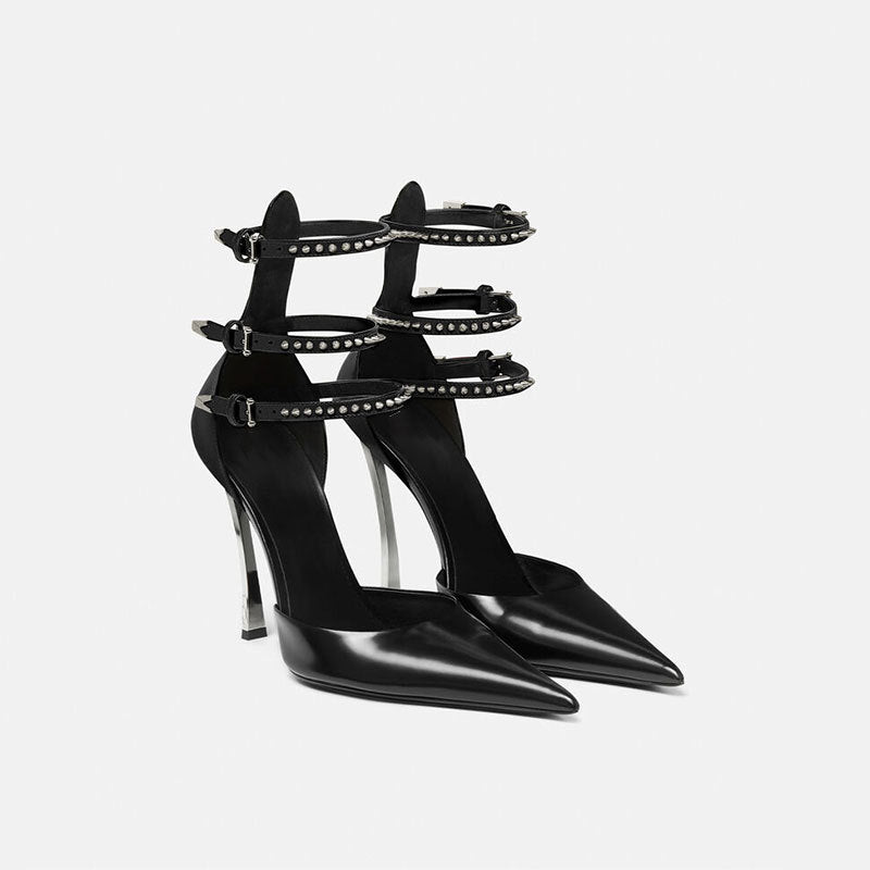 Studded Multi-Strap Pointed Toe Heels – FUCHSIA