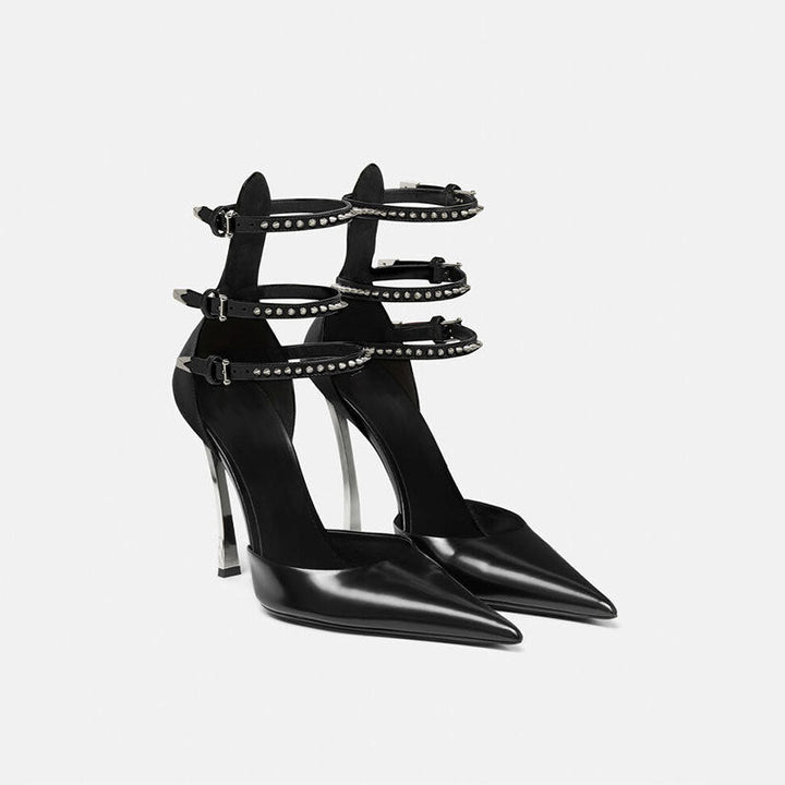 Studded Multi-Strap Pointed Toe Heels – FUCHSIA