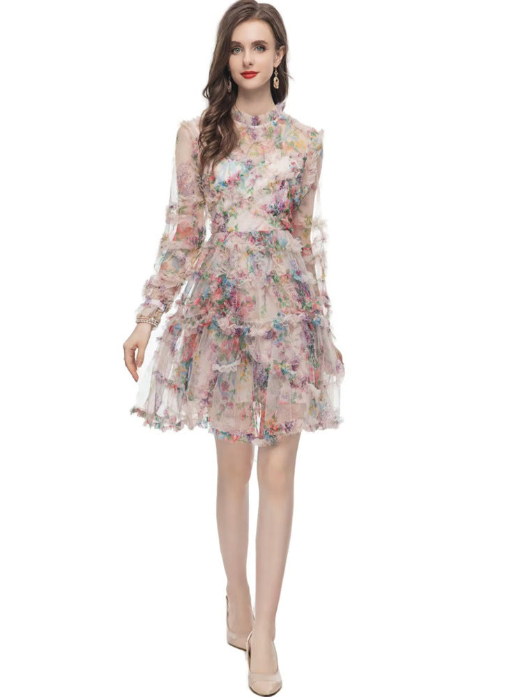 floral ruffle mini dress with sheer long sleeves – WHISPER