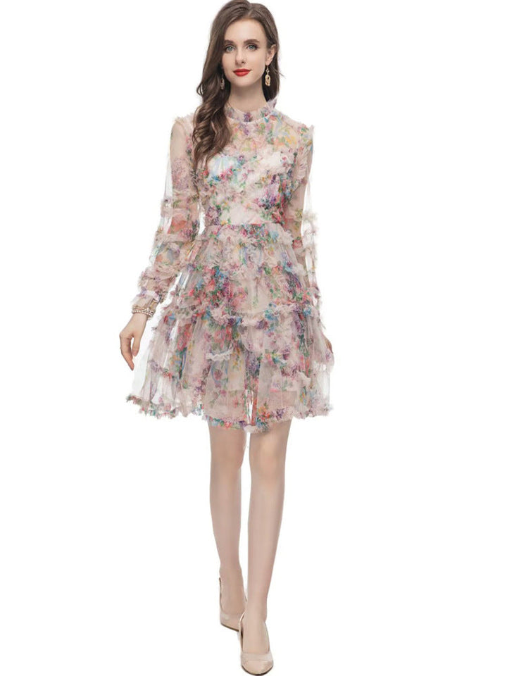 floral ruffle mini dress with sheer long sleeves – WHISPER