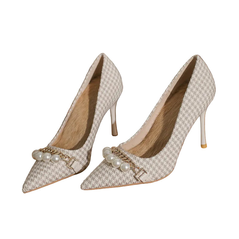 houndstooth pearl chain heels – PARIS
