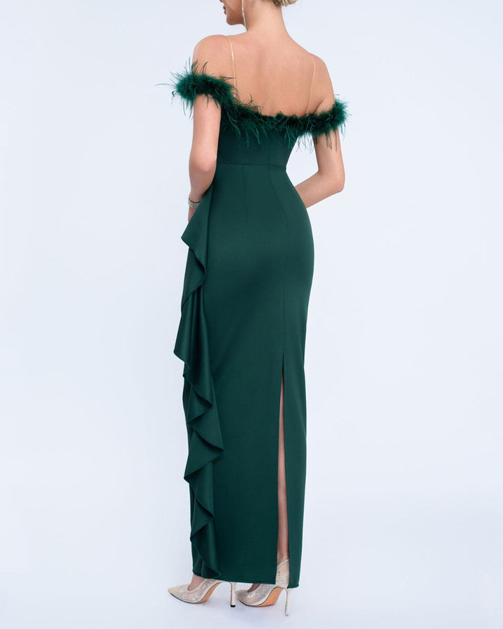 off-shoulder gown with feather trim and cascading ruffle – NOIRILU