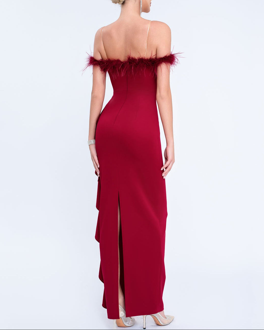 off-shoulder gown with feather trim and cascading ruffle – NOIRILU