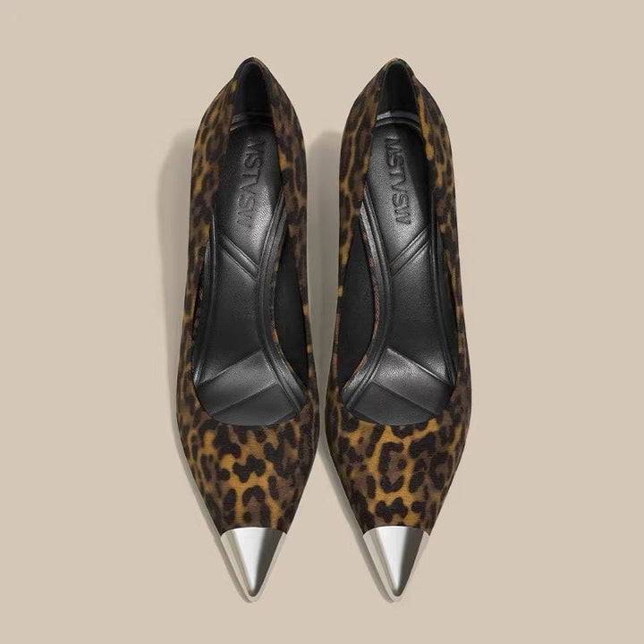leopard print stiletto heels with metal cap toe - LUIYL
