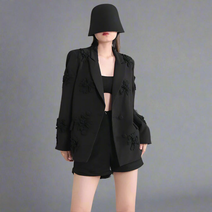 floral applique double-breasted blazer and flared pants set - GHOOTER