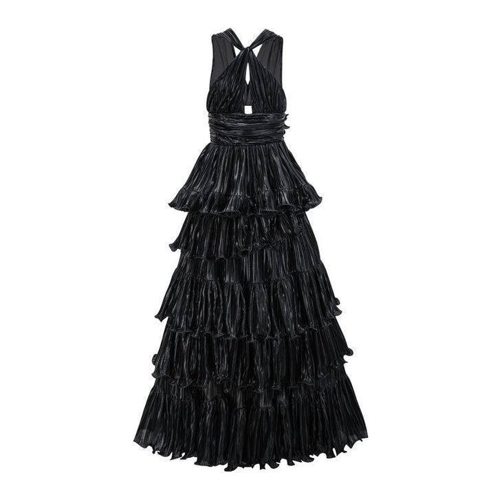 metallic pleated halter dress with tiered ruffles – DALSE