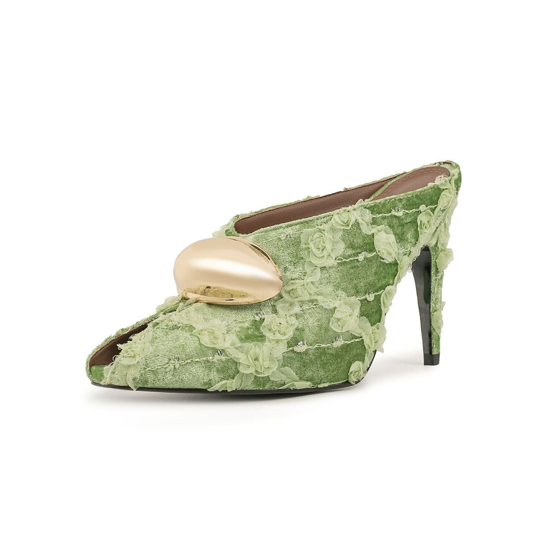 floral lace pointed mule heels with gold accent – VERDIA