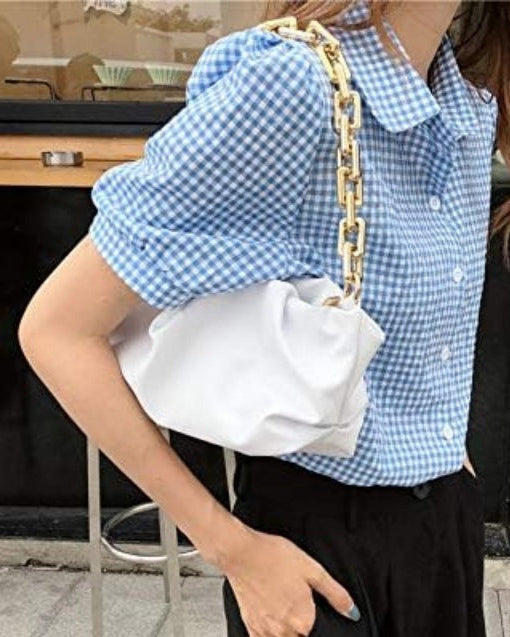 gathered leather clutch with gold chain – NOLIVRA
