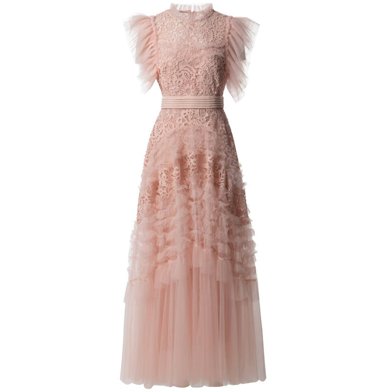 ruffled lace gown with pleated tulle sleeves – AMÉLIE