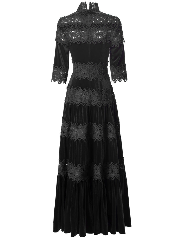 velvet maxi dress with lace panels and high neck – ODD- RUBINA