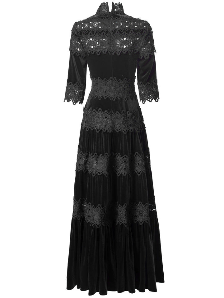 velvet maxi dress with lace panels and high neck – ODD- RUBINA
