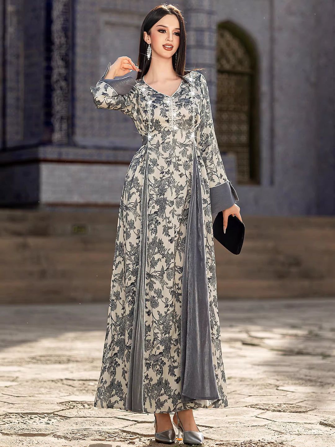 Printed Maxi Dress with Flared Sleeves and V-Neck – AURELLE