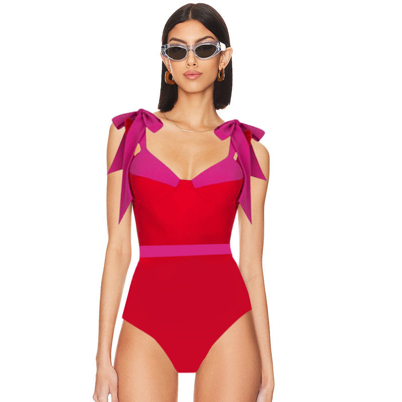 bow-strap contrast swimsuit with side-slit wrap skirt – RIBBON