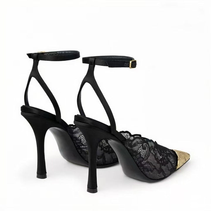 Lace Pointed Toe Ankle Strap Heels – Noir
