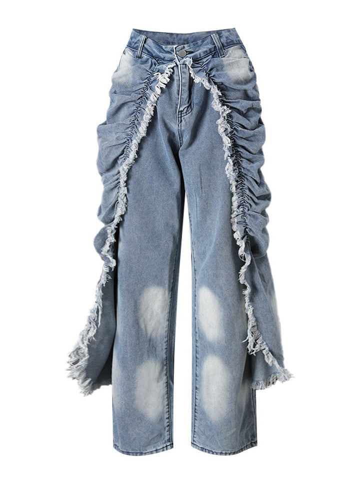 Ruched Raw Edge Denim Pants - Trendy