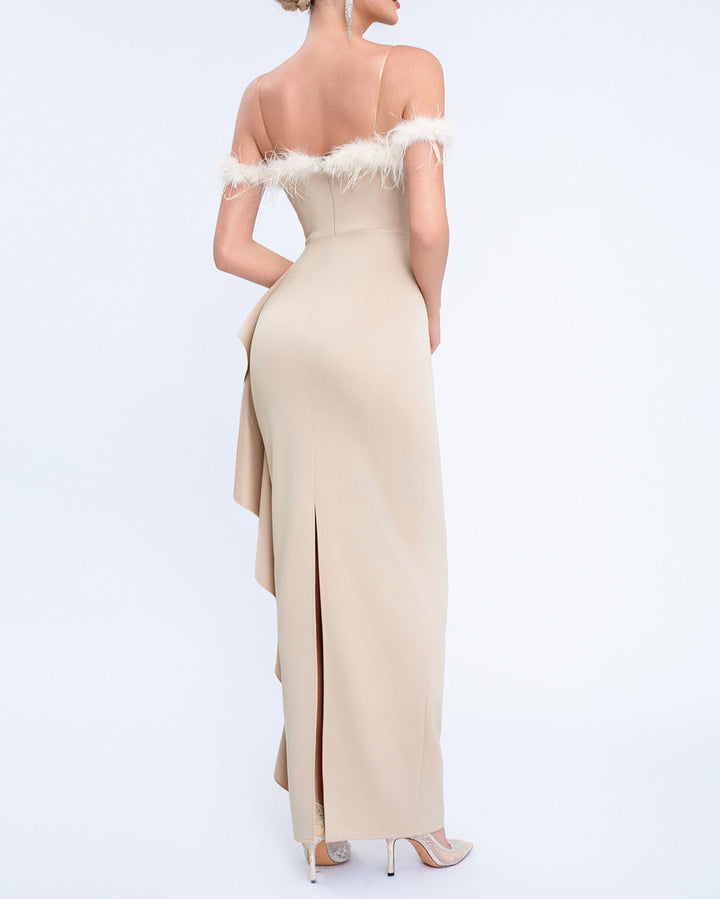 off-shoulder gown with feather trim and cascading ruffle – NOIRILU