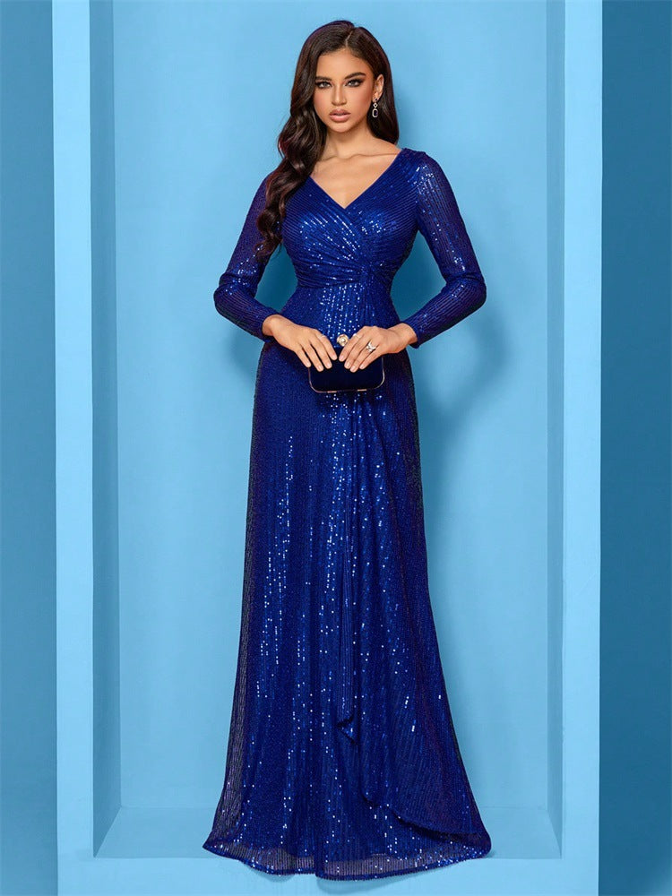 long-sleeve sequin wrap gown with draped detail – SERENA