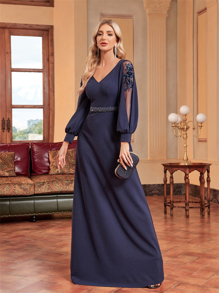 chiffon-sleeve evening gown with beaded waist – ODD- MIDNIGHT POISE