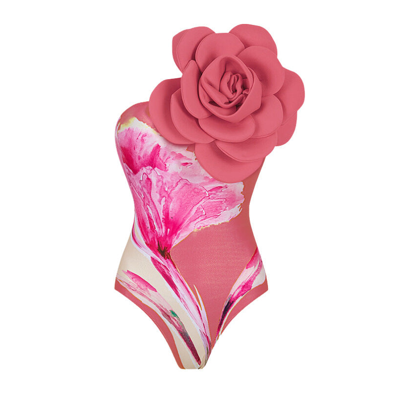 one-shoulder 3D flower swimsuit with ruched wrap skirt set – FARHA