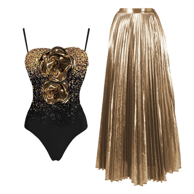 glitter ombré rose swimsuit with metallic pleated maxi skirt – GOLDEN