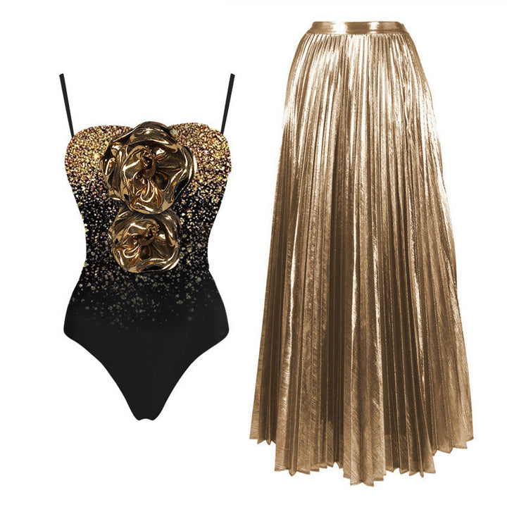 glitter ombré rose swimsuit with metallic pleated maxi skirt – GOLDEN