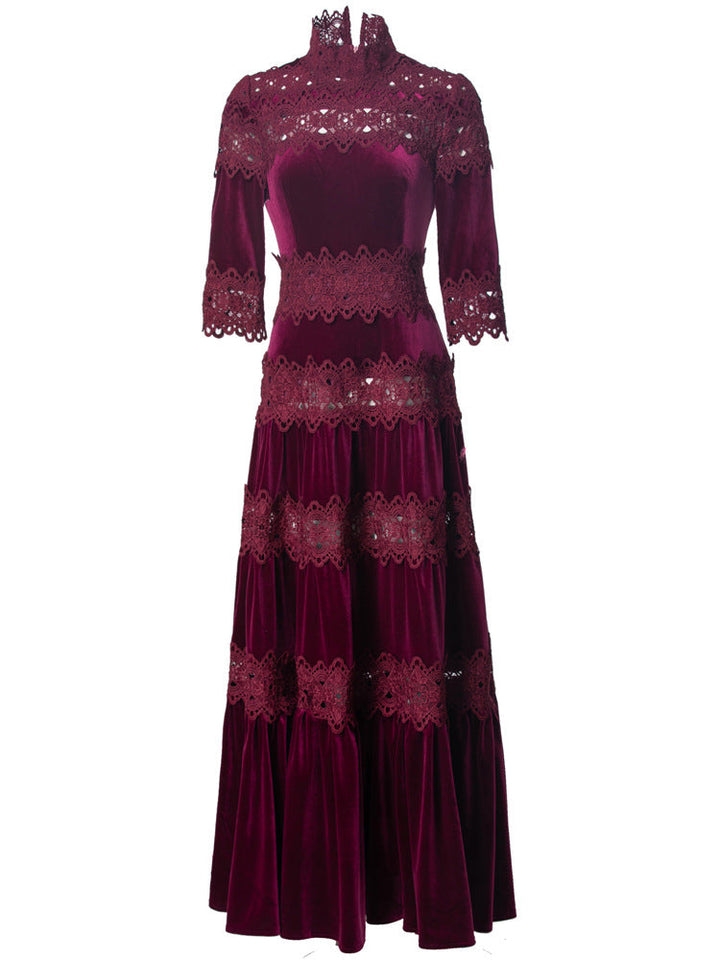 velvet maxi dress with lace panels and high neck – ODD- RUBINA