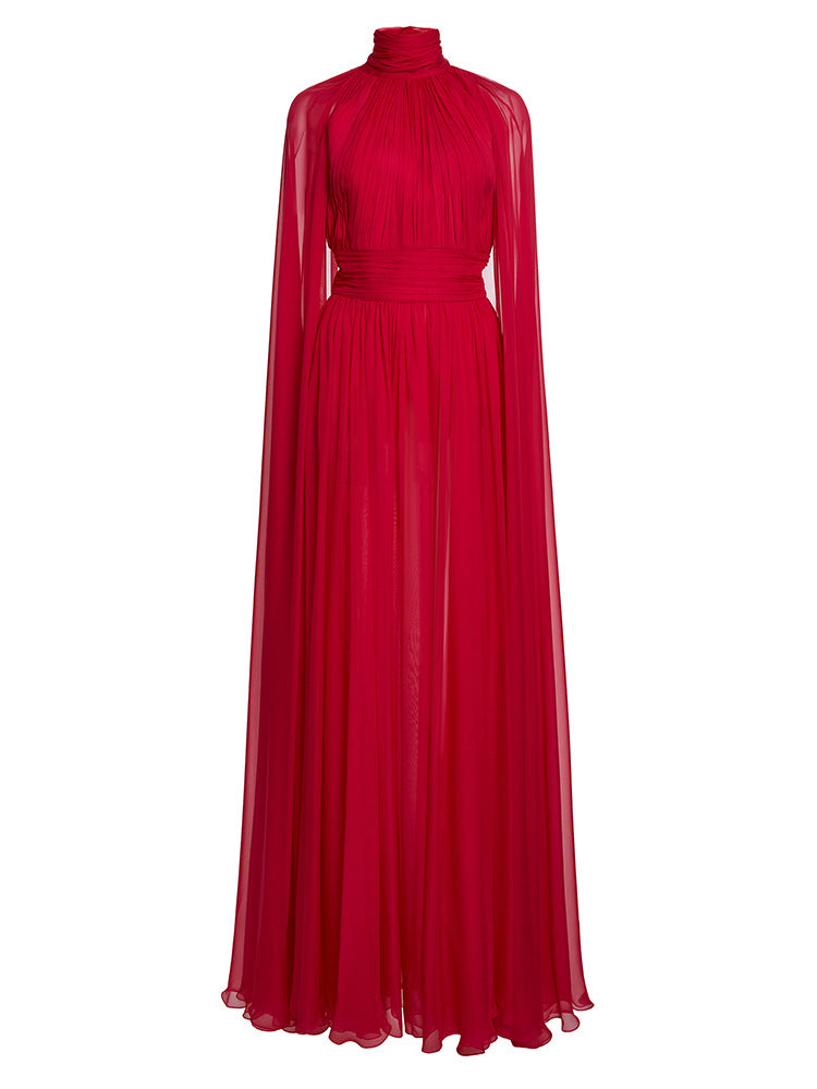 Red High-Neck Pleated Chiffon Maxi Dress – ÉLÉVRA