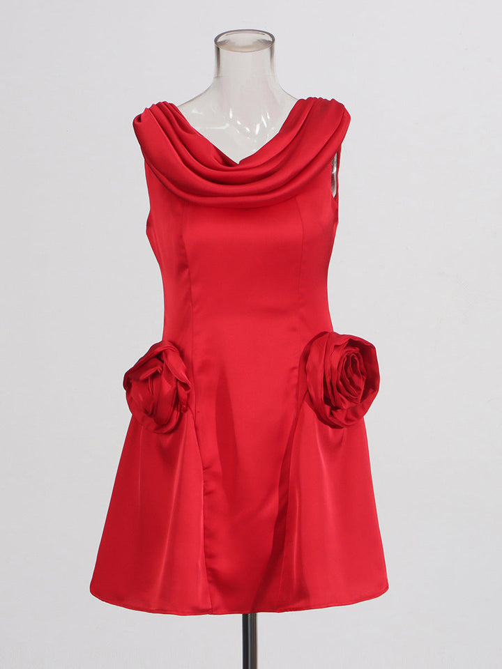 cowl neck mini dress with 3D rose accents – ROSALIA