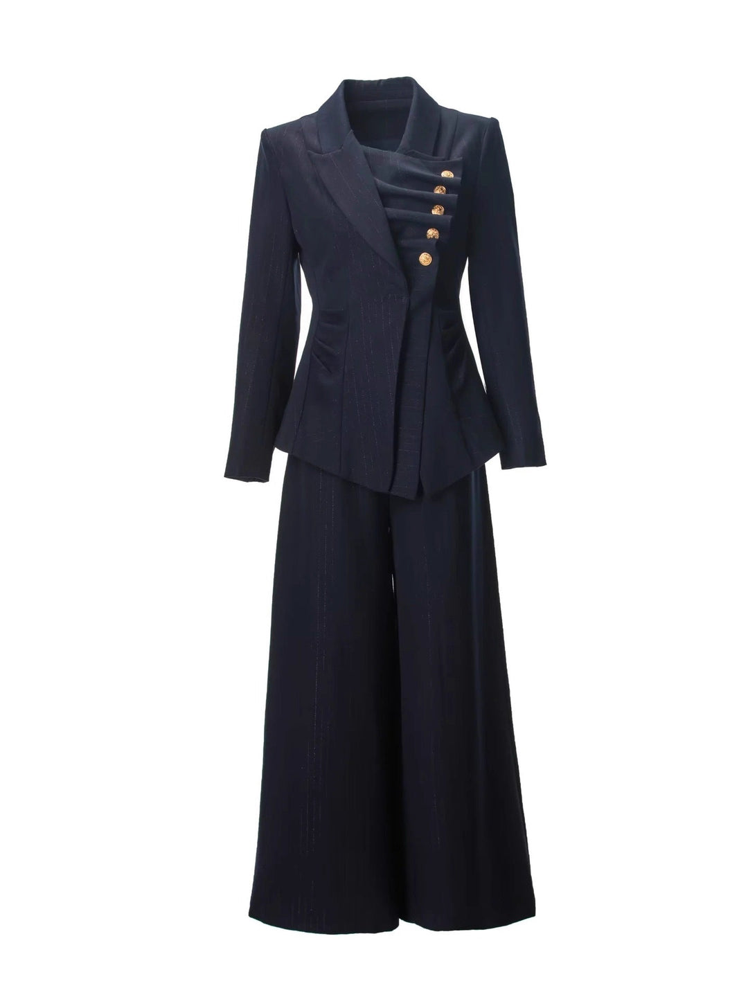tailored blazer and wide-leg pants set with gold button detail – NAVARA