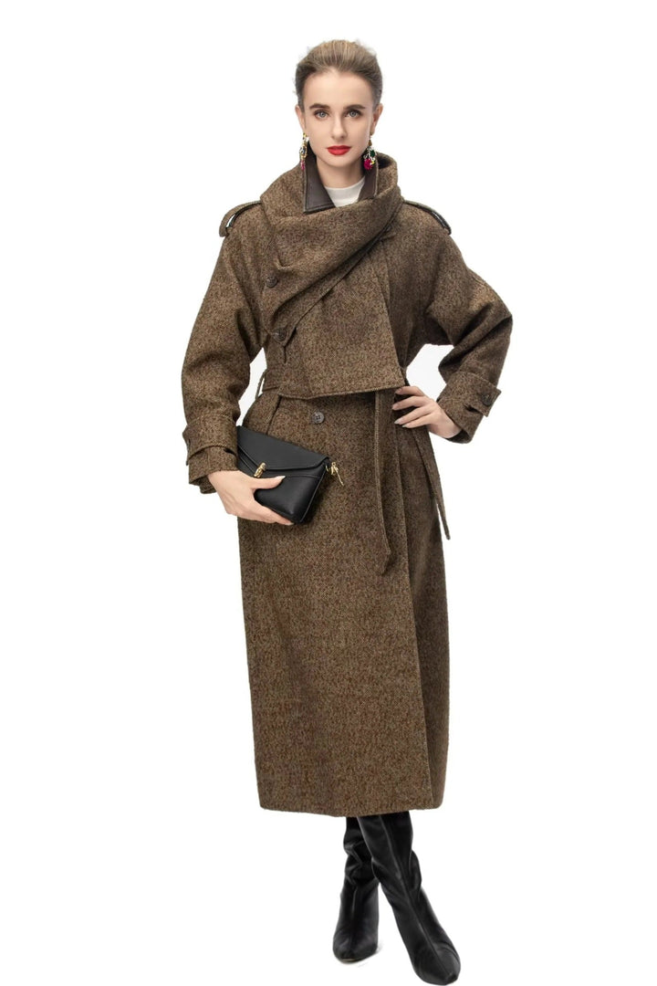 belted wool blend long coat with classic lapel – BRUNELLA