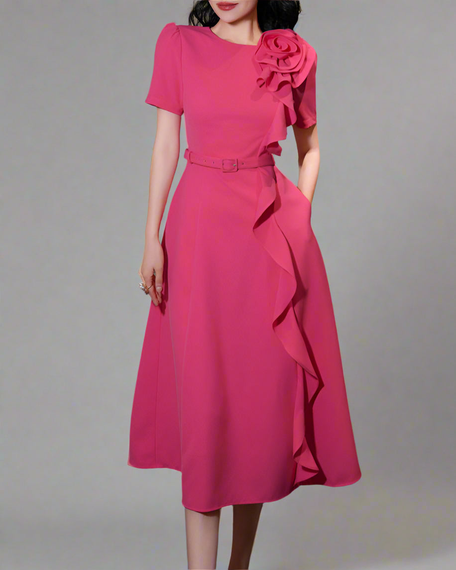 short-sleeve midi dress with 3D floral detail - CELINA