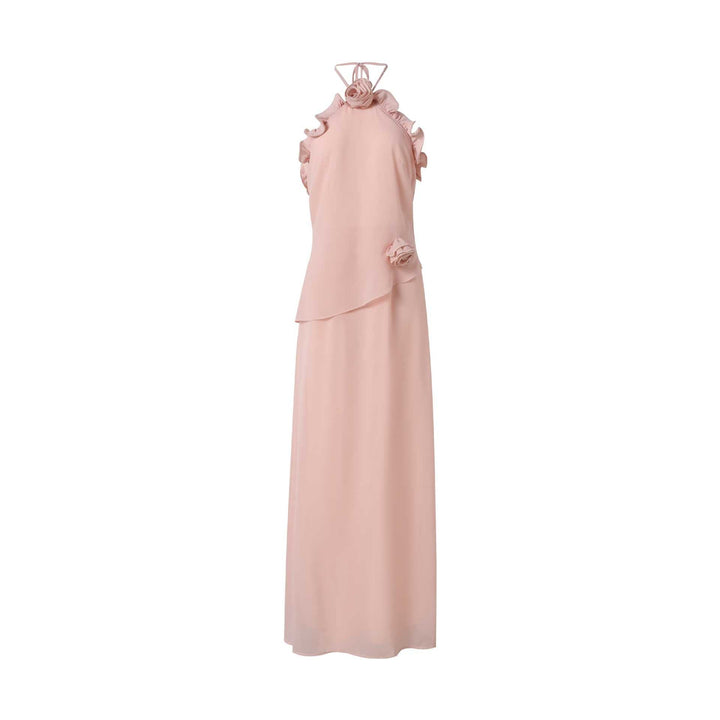 Blush Pink Halter Maxi Dress with Floral Details - ROSELLE