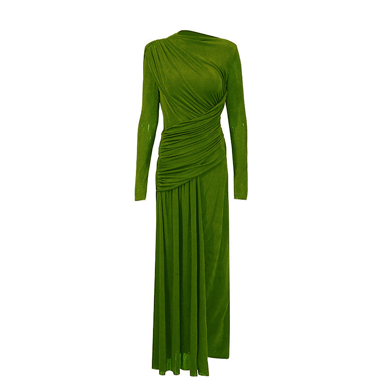 One-shoulder draped maxi dress with pleated panel – RUBY