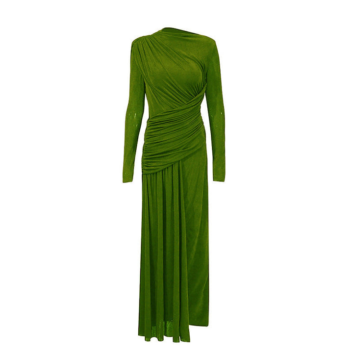 One-shoulder draped maxi dress with pleated panel – RUBY