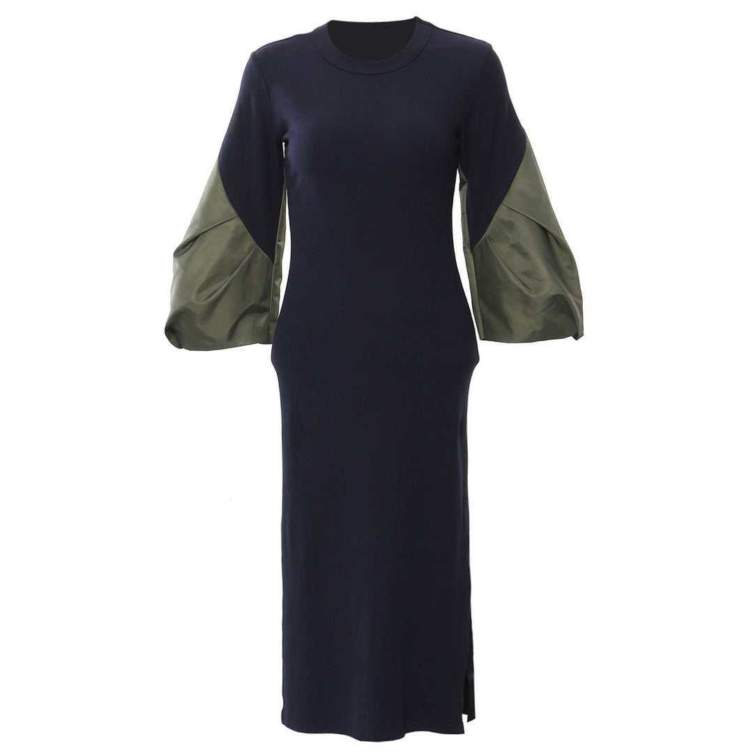 Long-sleeve bodycon midi dress with contrast puff sleeves – MOCHAIR