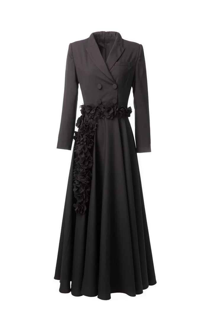 tailored double-breasted maxi dress with floral waist appliqué – ODD- ROSE