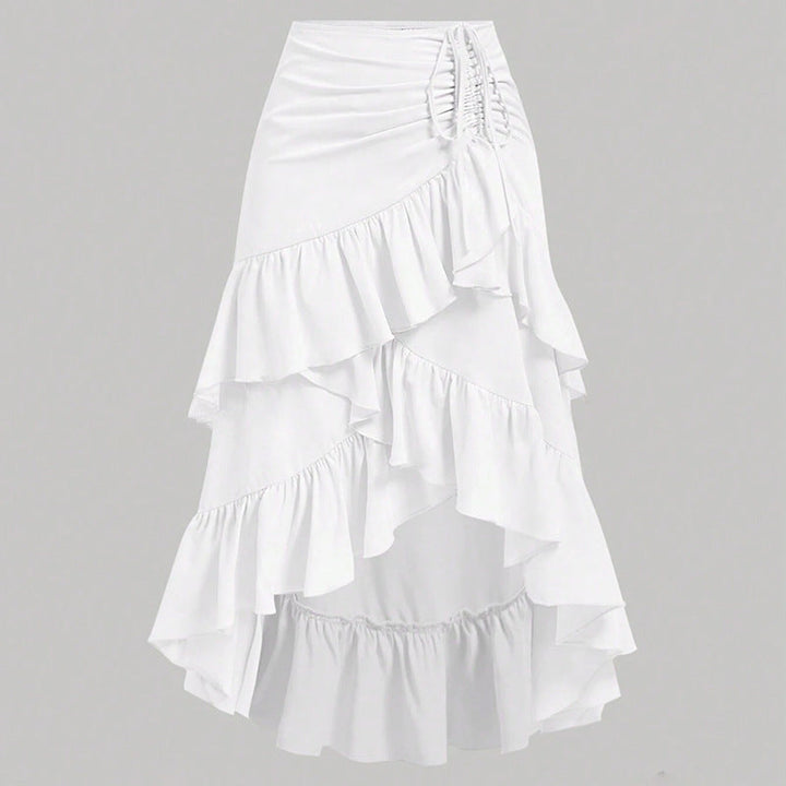 High-low ruffled midi skirt with ruched waist – Serytu