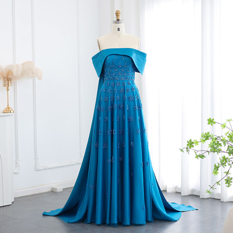 off-shoulder embroidered chiffon gown with cape train – OLIVIA