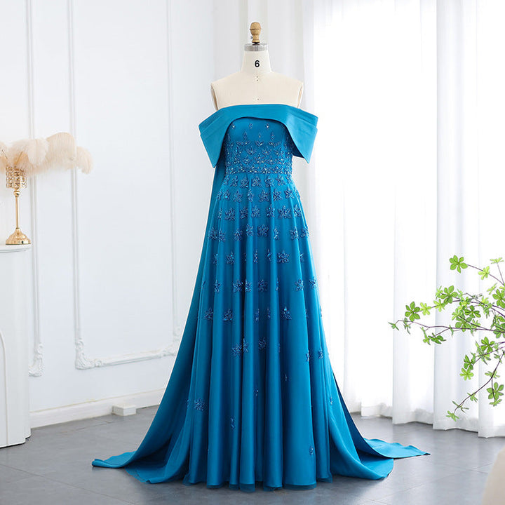 off-shoulder embroidered chiffon gown with cape train – OLIVIA