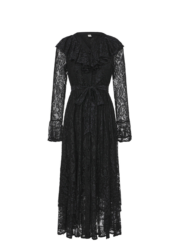 lace midi dress with ruffle neckline and waist tie – RUBY
