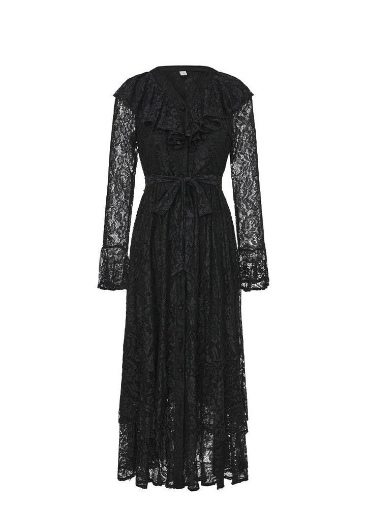 lace midi dress with ruffle neckline and waist tie – RUBY
