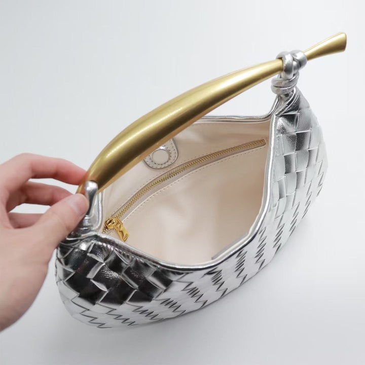 woven crescent shoulder bag with gold sculpted handle - KLLUONEL