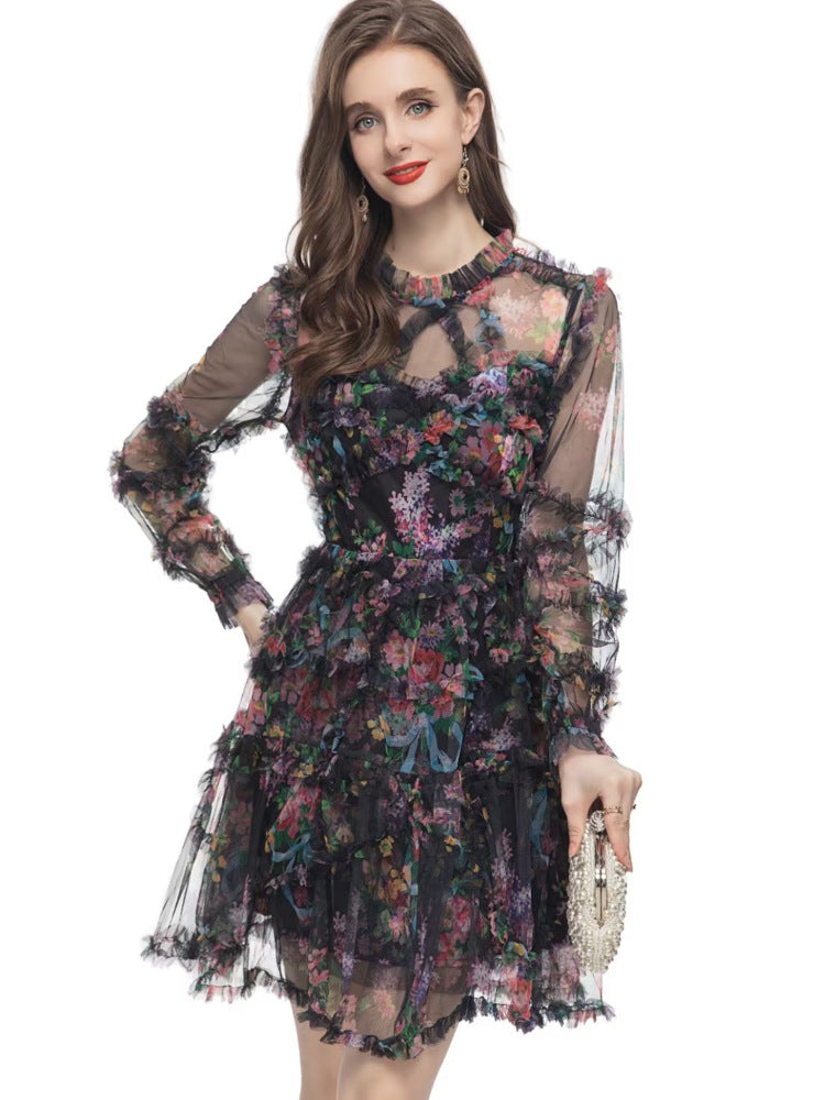 floral ruffle mini dress with sheer long sleeves – WHISPER