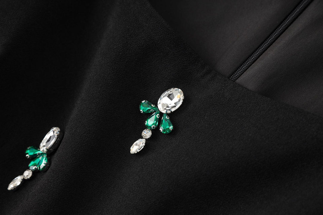 asymmetrical embroidered gown with emerald satin detail – NOIR