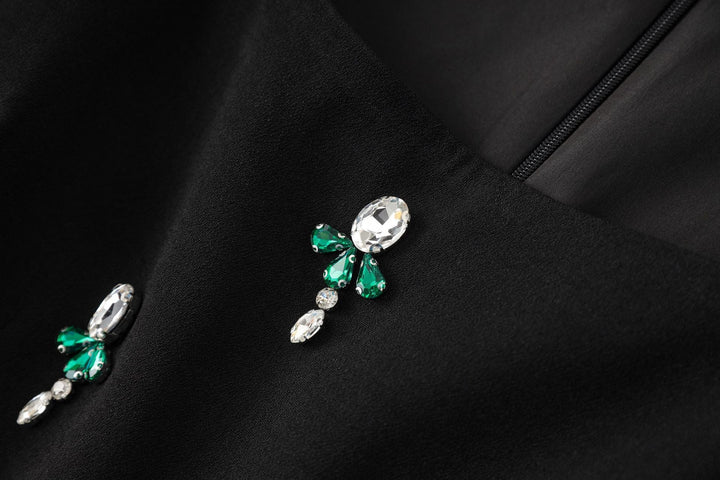 asymmetrical embroidered gown with emerald satin detail – NOIR