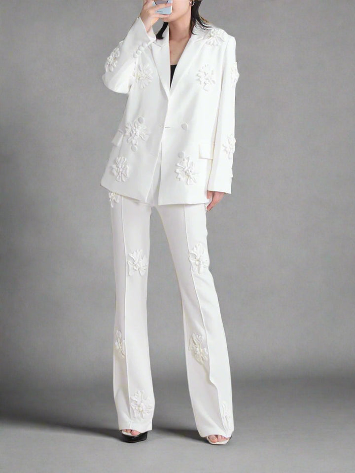 floral applique double-breasted blazer and flared pants set - GHOOTER