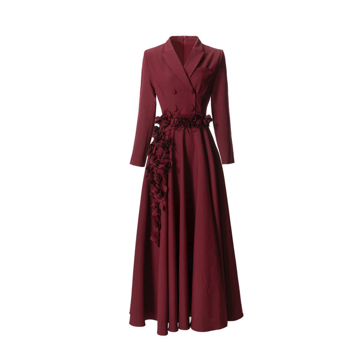 double-breasted crepe gown with 3D floral waist – ODD- MAURELLE