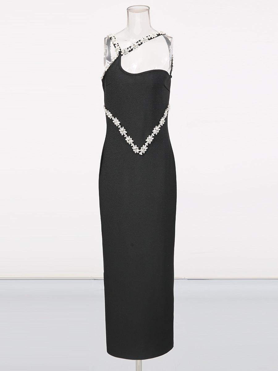 one-shoulder column maxi dress with crystal floral trim – NOIR